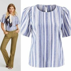 Cabi Blue and white strip puff sleeve blouse